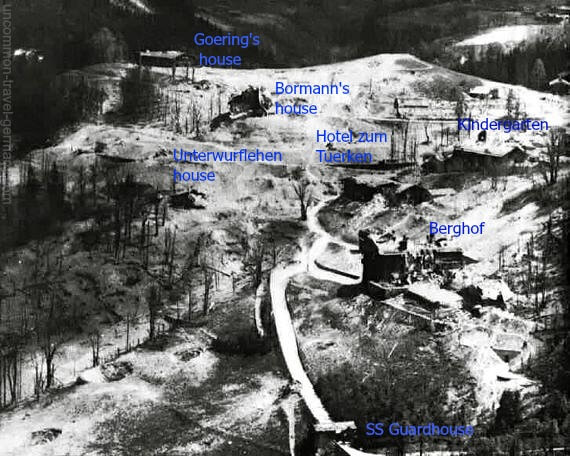 Aerial view of Obersalzberg after bombing with buildings marked Aerial view of Obersalzberg after bombing with buildings marked