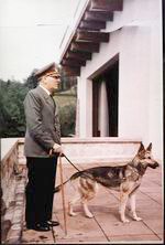 Hitler with Blondi on the Berghof terrace, in color Hitler with Blondi on the Berghof terrace, in color