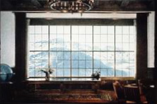 Mountain view through Berghof window Mountain view through Berghof window