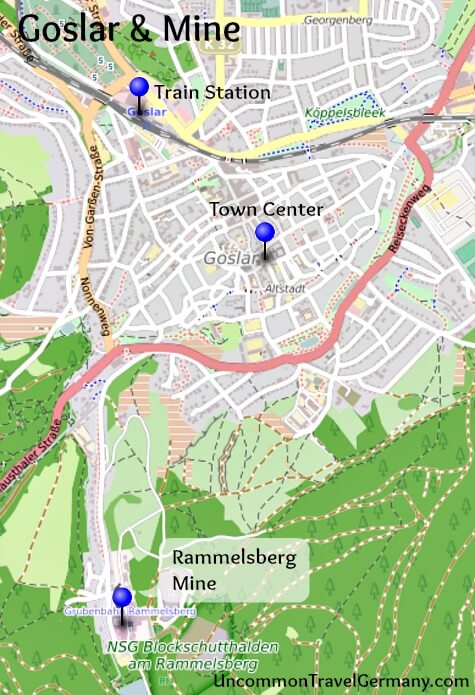 Map of Goslar, Harz, Germany, and Rammelsberg Mine location