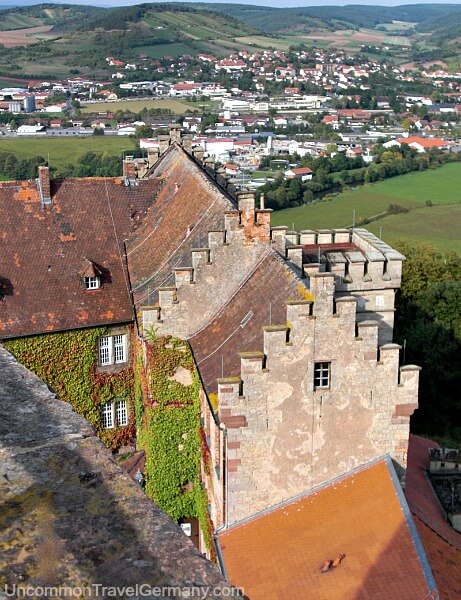 View of courtyard of Saaleck Castle and Hammelburg beyond
