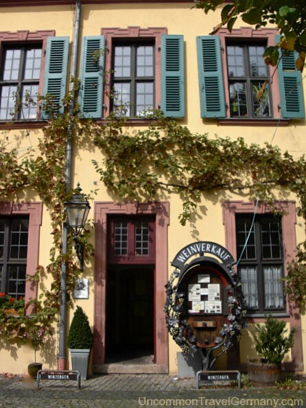 Entrance to shop of local wine merchant in Hammelburg, Germany