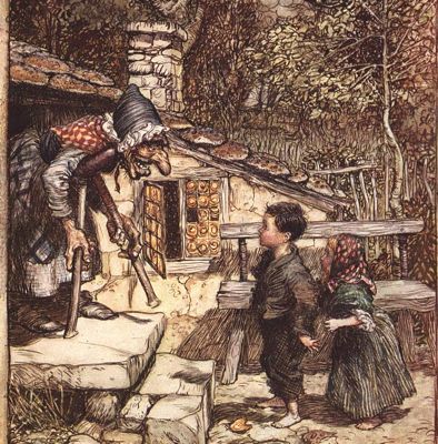 Hansel and Gretel greeted by the witch, Rackham illustration
