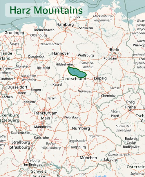 Map of Germany showing Harz Mountains area