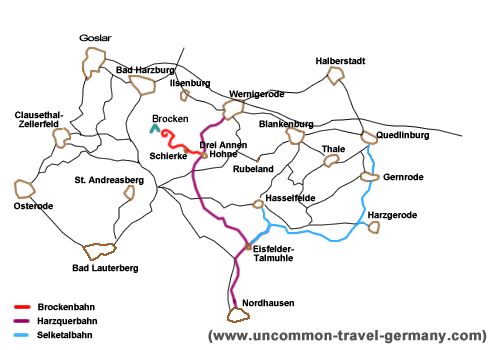 Sketched map of steam train routes and stops in the Harz Mountains, Germany Sketched map of steam train routes and stops in the Harz Mountains, Germany