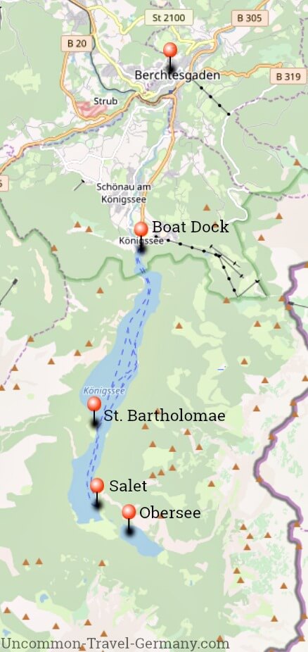 Map of Lake Konigssee, Salet, and Lake Obersee, near Berchtesgaden, Germany