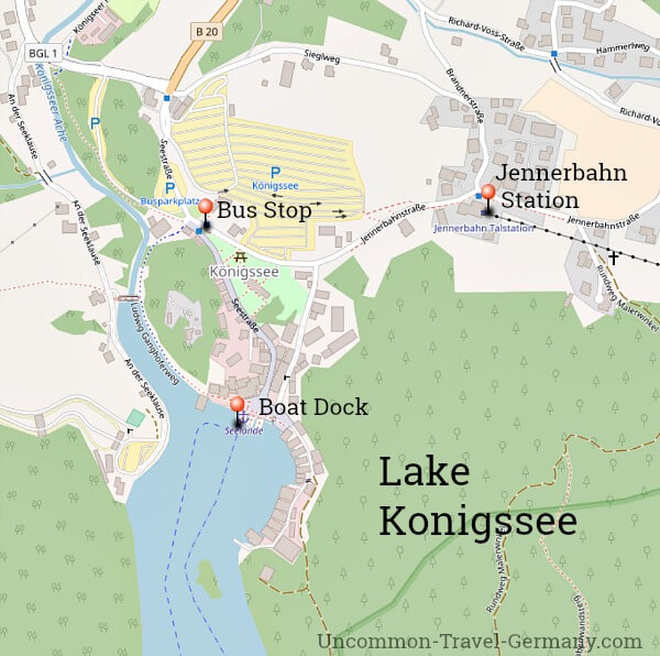 Map of dock area at Lake Konigssee, near Berchtesgaden, with bus stop and Jennerbahn Station