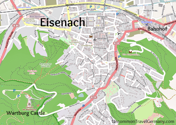 Map showing town of Eisenach, Germany, and Wartburg Castle