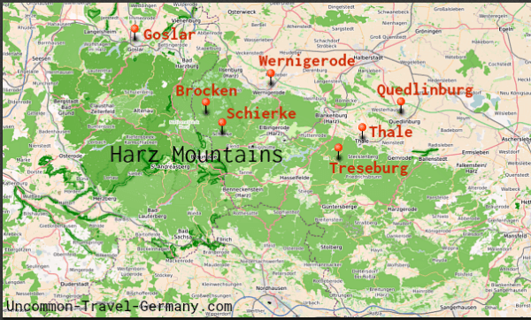 Map of Harz Mountains showing Harz towns