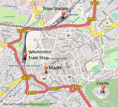 Map of Wernigerode with castle, town square and train stops, Harz Mountains, Germany Map of Wernigerode with castle, town square and train stops, Harz Mountains, Germany