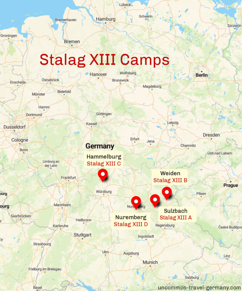 Map of Stalag XIII locations in Germany