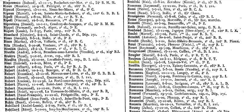 Excerpt from list of captured French prisoners 1940 Excerpt from list of captured French prisoners 1940