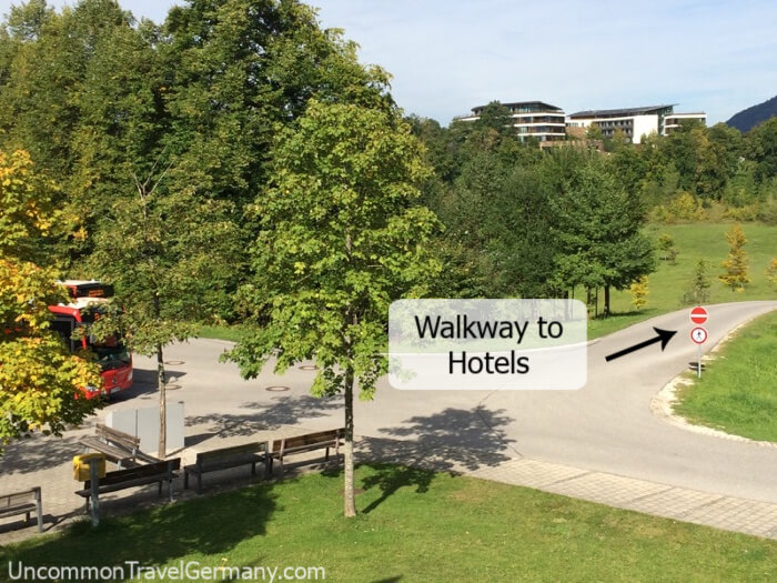 Walkway from Eagles Nest bus stop towards Hotel Kempinski and Hotel zum Turken