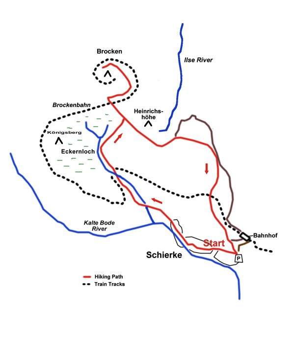 Map of the hike from Schierke to the summit of the Brocken, Harz Mountains, Germany Map of the hike from Schierke to the summit of the Brocken, Harz Mountains, Germany