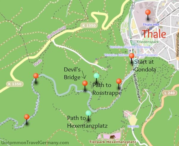 Map of Thale to Treseburg hike part 1, Bode Valley, Harz Mountains