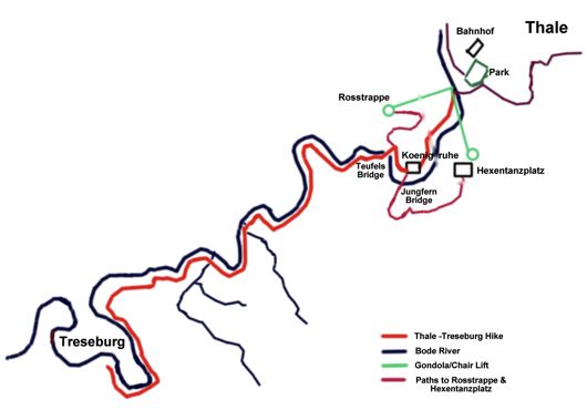 Map of hike from Thale to Treseburg, Harz Mountains, Bode Valley