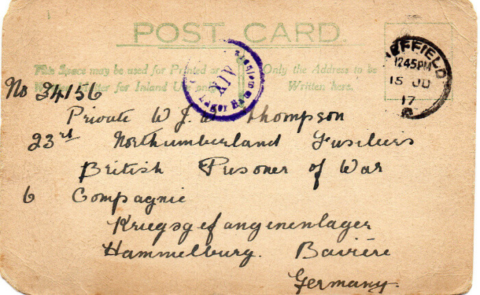 Address of postcard sent to English POW Walter Thompson WWI Lager Hammelburg stamp