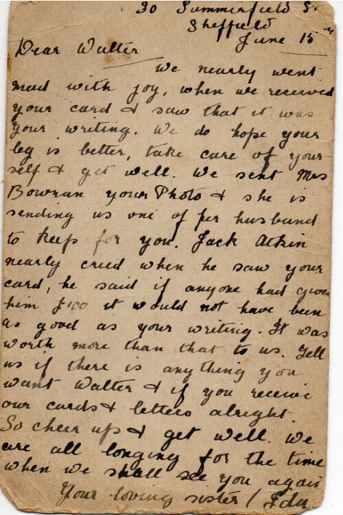 Letter to POW Walther Thompson, Lager Hammelburg WWI